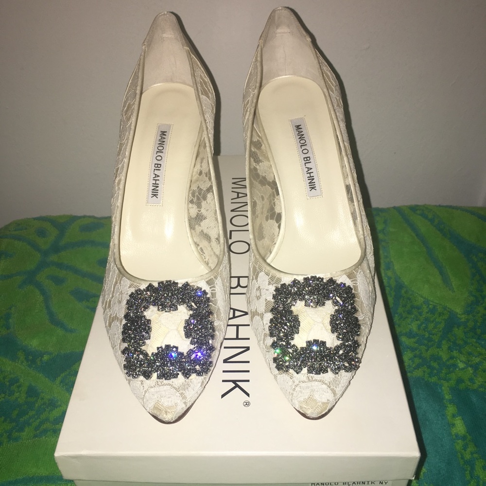 Manolo Blahnik Hangisi Ivory Floral Lace